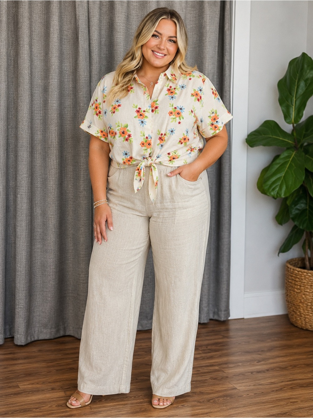 Forever 21 White Floral Linen blend Tie-Front Crop Top with Multicolor Flowers